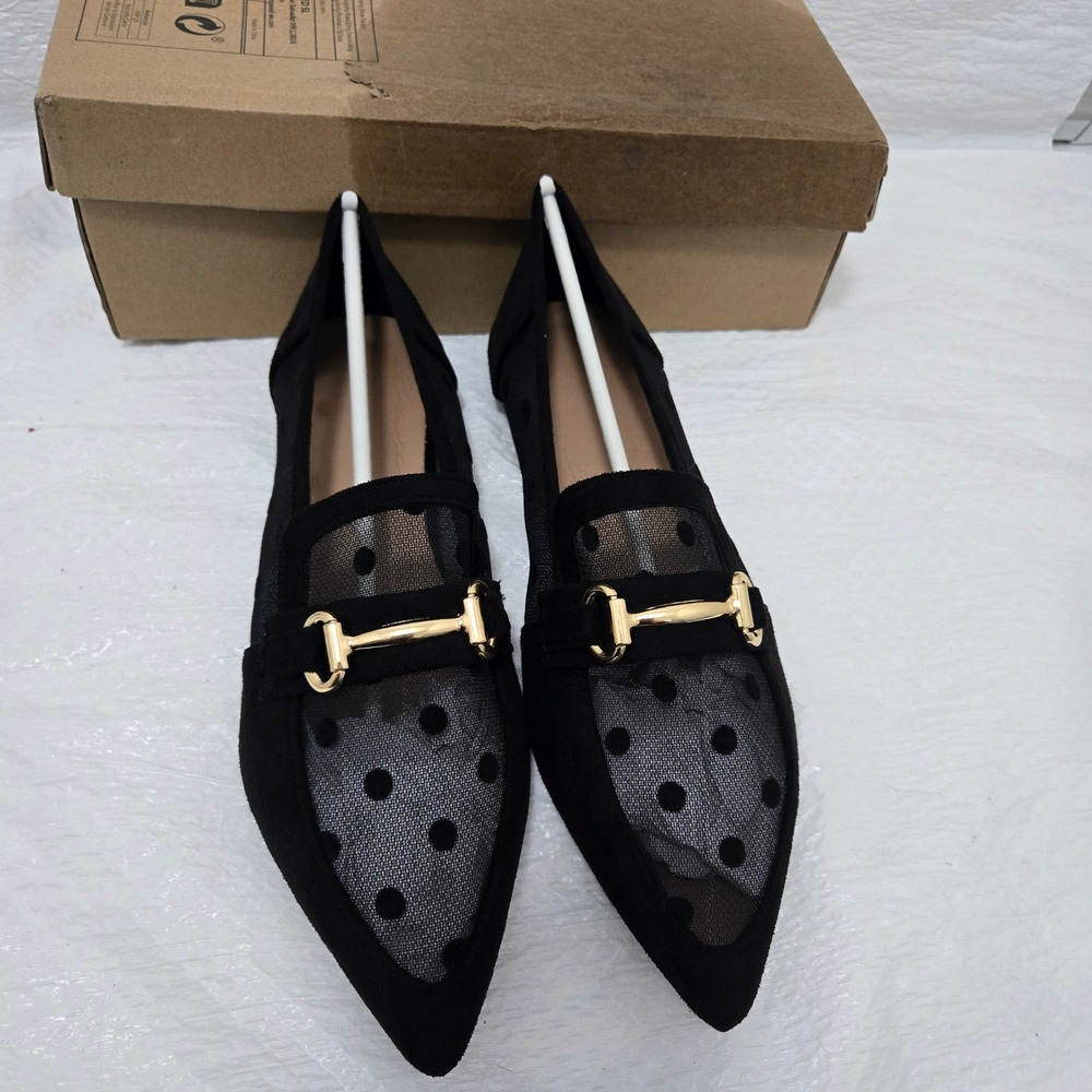 Black Polka Dot Mesh Pointed Toe Loafers Gold Horsebit Buckle Flats EU 42